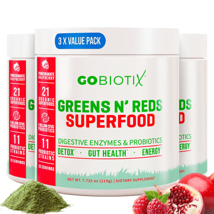 GOBIOTIX Super Greens Powder with Beet Root, Spirulina, Moringa & Chlorella – Probiotics, Enzymes & 21 Superfoods – Zero Sugar, Vegan, Non-GMO – 90 Servings, 3-Pack (Pomegranate Raspberry)
