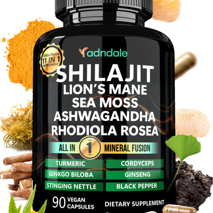 Adndale Shilajit for Men and Women. Pure Himalayan Organic Shilajit Capsules with Sea Moss Ashwagandha Rhodiola Rosea Lion’s Mane. 90 Count