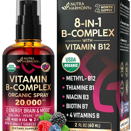 USDA Organic Vitamin B-Complex Liquid Spray 8-in-1 - B5 Pantothenic Acid | B12 Methylcobalamin | B1 Thiamine | B6 Pyridoxine | B7 Biotin | B9 Folic | B3 Niacinamide - Made in USA Supplement, 2fl oz