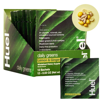 Huel Daily Greens Single Serve Lemon and Ginger | Superfood Greens Powder | 91 Vitamins, Minerals, and Wholefood-Sourced Ingredients | Adaptogens, Antioxidants, Gut-Friendly Probiotics | 12 Pack