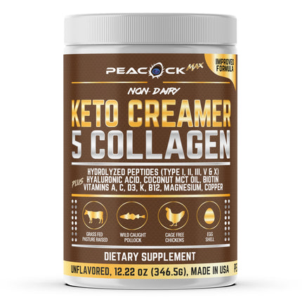 Peacock Max Collagen Keto Coffee Creamer Powder 12.2 oz - Hydrolyzed Collagen Peptides with Coconut MCT Oil, B12, Magnesium, Unflavored Protein Powder, Sugar Free Coffee Creamer for Smoothies & Baking