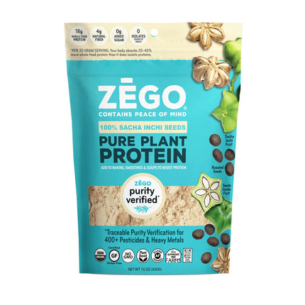 ZEGO Organic 100% Sacha Inchi Seed Protein Powder, Purity Tested for 500 Toxins/Heavy Metals/Glyphosate, Allergy and Gluten Free, Soy Free, Vegan (15oz)