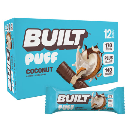 BUILT Bar Puff Protein Bars - Coconut - 17g Protein Snack Bars with Collagen - Calorie Conscious & Gluten Free - 12 Count