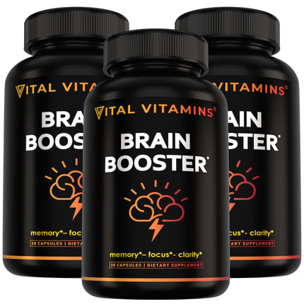 Vital Vitamins Brain Supplements for Memory and Focus (3 Pack) – Nootropic Brain Booster with Ginkgo Biloba, Rhodiola, B12 – Caffeine-Free Support for Adults & Seniors – 90-Day Supply