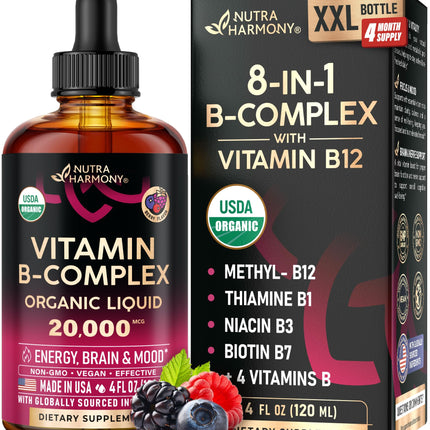 USDA Organic Vitamin B-Complex B5 Pantothenic Acid | B12 Methylcobalamin | B1 Thiamine | B6 Pyridoxine | B7 Biotin | B9 Folic | B3 Niacinamide - B Complex Liquid Drops, Made in USA Supplement, 4fl oz