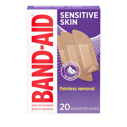 BAND-AID Brand Adhesive Bandages for Sensitive Skin, Hypoallergenic First Aid Bandages with Painless Removal, Stays on When Wet & Suitable for Eczema Prone Skin, Sterile, Assorted, 20 ct