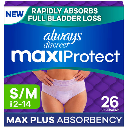 Always Discreet MaxiProtect Adult Diapers for Women, Incontinence Underwear, Postpartum Essentials, Bladder Leak Protection, Disposable Briefs, Maximum Plus Absorbency, Size S/M, 26 Count