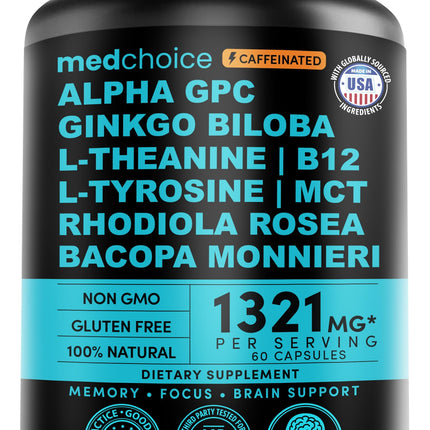 12-in-1 Nootropic Brain Supplement with Caffeine Anhydrous: Ginkgo Biloba for Brain Support, Memory and Focus - B12, Alpha GPC, L Theanine and Choline Supplements with Bioperine with 1321mg (60ct)