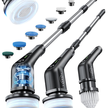 Leebein Electric Spin Scrubber, Cordless Cleaning Brush with 8 Replaceable Brush Heads, Tub and Floor Tile Power Scrubber Dual Speed with Adjustable & Detachable Handle for Bathroom Tub (All Black)