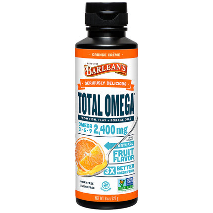 Barlean's Total Omega 3 6 9 Orange Crème Liquid Fish Oil Supplement with Borage and Flaxseed Oil, 2,400 mg of Omegas EPA and DHA Plus GLA for Joint and Heart Health, 8 oz