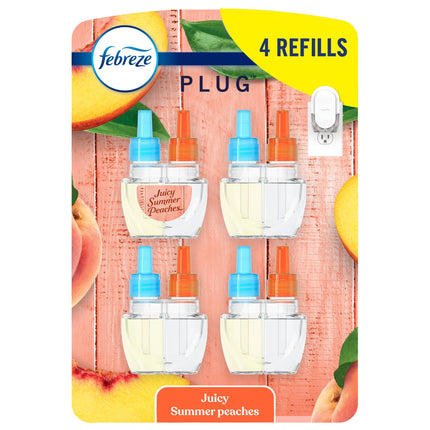 Febreze Plug In Air Freshener, Odor-Fighting Scented Oil Refill, Air Fresheners for Home and Bathroom and Kitchen, Long Lasting for Strong Odors, Juicy Summer Peaches Scent, 0.87oz Refills, 4 Count