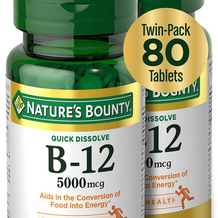 Vitamin B12 by Nature's Bounty, Quick Dissolve Vitamin Supplement, Supports Energy Metabolism and Nervous System Health, 5000mcg, 40 Tablets (Pack of 2)