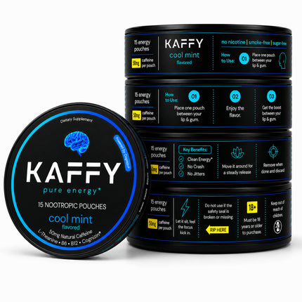 Kaffy Nootropic Caffeine Pouches with Cognizin & L-Theanine, 50mg Natural Caffeine Per Pouch, Nicotine-Free Energy & Focus Pouches, Coffee Alternative for Work, Travel & Daily Use, 75 Count Cool Mint