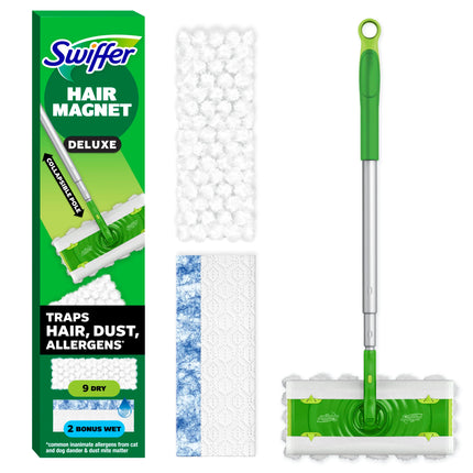 Swiffer Hair Magnet Deluxe Starter Kit with Collapsible Pole, 9 Hair Magnet Dry Cloths, 2 Bonus Mop & Go Wet Cloths
