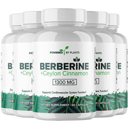 POWERED X PLANTS Pure Berberine Supplement - 1300mg Berberine with Ceylon Cinnamon for Metabolism & Immune System Support - 5 Pack, 300 Servings