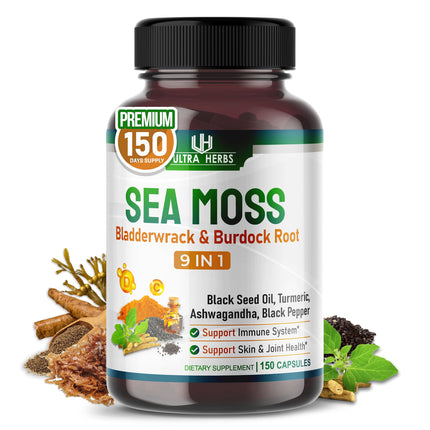 Ultra Herbs Sea Moss Capsules with Black Seed Oil, Ashwagandha, Vitamin D3 & C, 9-in-1 Immune & Overall Wellness Support*, 150 Capsules, Non-GMO, Gluten Free