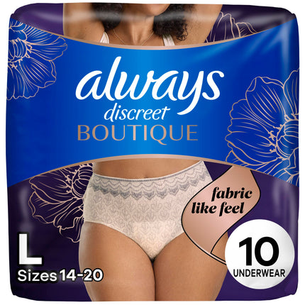 Always Discreet Boutique Incontinence and Postpartum Underwear for Women, Maximum Protection, Large, Rosy, 10 Count