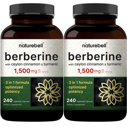 NatureBell Berberine Supplement 1,500mg with Ceylon Cinnamon & Turmeric Root, 480 Veggie Capsules (2 Pack) | 97% Pure Berberine HCL | Supports Balanced Sugar Levels & Heart Health | Vegan, Non-GMO