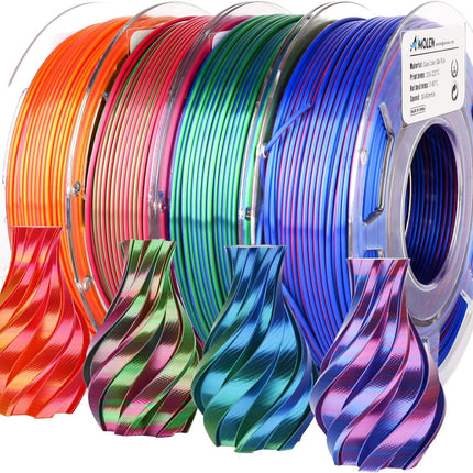 AMOLEN Silk PLA 3D Printer Filament Bundle, Shiny Dual Color Filament 1.75mm Pack, Multi Color Change 3D Printing Filament for Most FDM 3D Printer, 4 Spools 200g Each