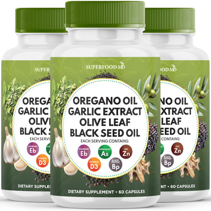 Superfood MD Oregano Oil Garlic Extract Olive Leaf Black Seed Oil Astragalus - Immune Support Supplement for Women and Men- 180 Count