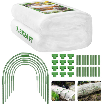 U0U Garden Mesh Netting Kit,7.8 x 24 Ft Plant Netting with Hoops,Bird Net for Garden with 6 Sets Garden Hoops & 18 Clips,Garden Net Bed Cover for Plants Birds Animals Protection (White)