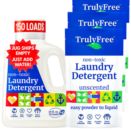 Truly Free Natural Laundry Detergent for Sensitive Skin | Eco Friendly, Plant Based, Baby Clothes Safe | Clean & Easy Powder to Liquid, 3 Detergent Packs + 1 Empty Reusable Jug | Unscented, 150 Loads