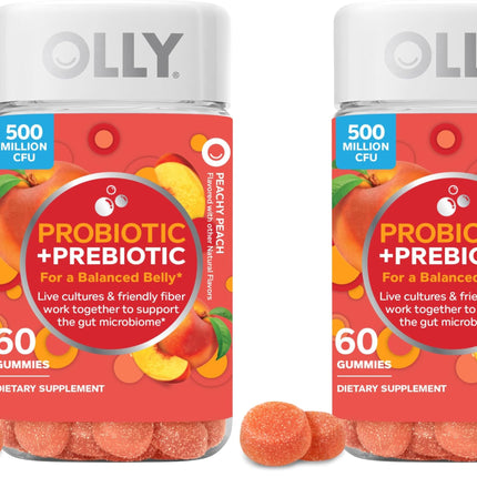 OLLY Probiotic + Prebiotic Gummy,Digestive Support and Gut Health,500 Million CFUs,Fiber,Adult Chewable Supplement for Men and Women,Peach,60 Day Supply -,60 Count (Pack of 2)