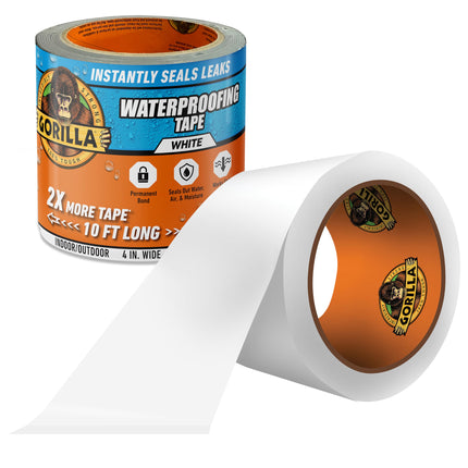 GORILLA Waterproofing Tape, Permanent, White, 4" x 10