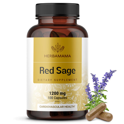 HERBAMAMA Red Sage Supplement Capsules - 1200mg Red Sage Root (Dan Shen) for Antioxidant Support - Vegan, Non-GMO Salvia Miltiorrhiza Supplement