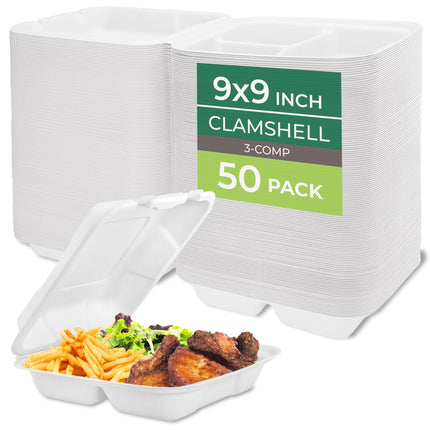 Freshware Clamshell Food Containers with Lids [9x9"] 3-Compartment 50-Pack, Disposable To Go Containers, Biodegradable Sugarcane To Go Boxes - Paper Containers - Microwave & Freezer Safe, Stackable
