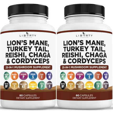 Liberty Lifestyle Lions Mane Mushroom Supplement with Turkey Tail Reishi Cordyceps Chaga with Marshmallow Root - 2-Pack