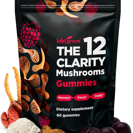 KIKI Green 12 Mushroom Supplement Gummies - Lion's Mane, Cordyceps, Chaga, Reishi, Turkey Tail & 7 More for Memory, Focus, Immunity - 60 Mushroom Gummies for Adults with Raspberry Flavor 10:1 Extract