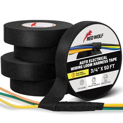 RED WOLF Wiring Harness Tape High Temp Wire Cable Loom Self-Adhesive Fabric Tape for Electrical Automotive Engine Harness Wrap Protection Noise Damping Cables Fixed 3/4 Inch x 50 FT 5 Rolls