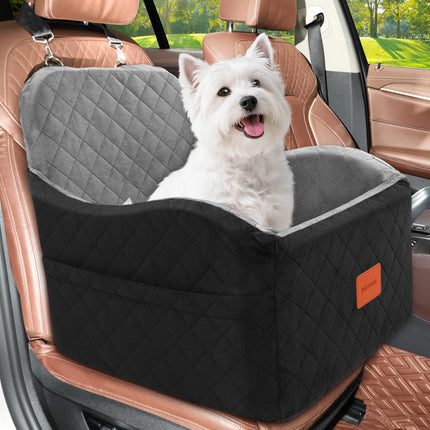 INDYBUD Dog Car Seat for Small & Medium Dogs, Detachable & Washable Booster Seat for Pets Up to 35lbs, Pet Travel Bed with Storage Pockets and Safety Belt (Black/Grey, Medium)