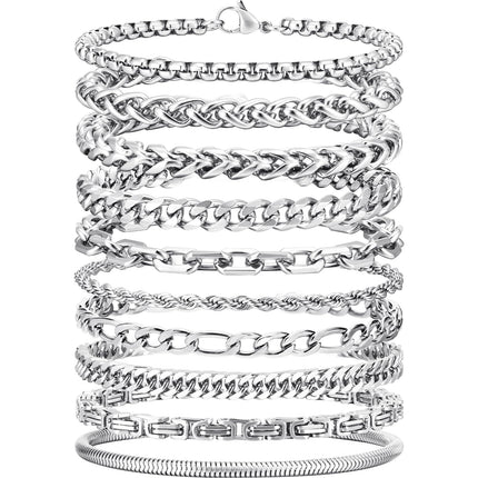 VNOX Silver Chain Bracelet for Men - 10 Pcs Solid Stainless Steel Rope/Figaro/Paperclip/Cuban Link/Snake Curb Chunky Chain Bracelet Set Wrist Band for Men Women,Mens Jewelry Set