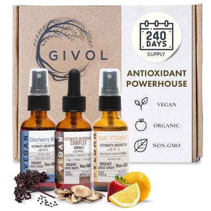 GIVOL Antioxidant Powerhouse Bundle - Elderberry, Raw Vitamin C, Mushroom Complex - Nutriments, Phytonutrients & Cognitive Well-Being All in One Package - Multivitamins - 2 Fl Oz - 240 Days Supply
