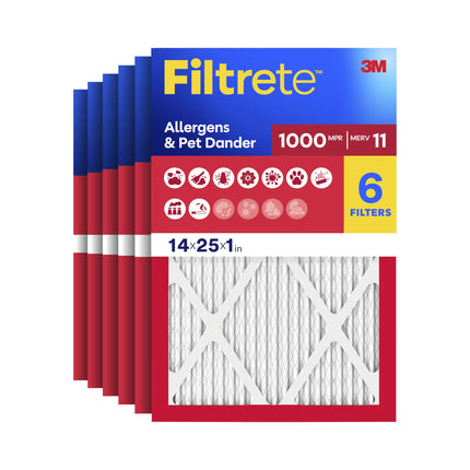 Filtrete 14x25x1 Air Filter, MERV 11, MPR 1000, Allergens & Pet Dander, 3-Month AC and Furnace Filters, Cleaner Air, Reliable Airflow, 6 HVAC Filters (Actual Size 13.68 x 24.68 x 0.81 in)