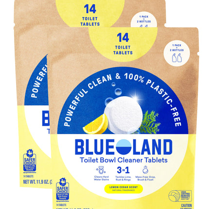 BLUELAND Toilet Bowl Cleaner Tablets, 14 Count (Pack of 2), Lemon Cedar, Plastic-Free, No Harsh Chemicals, Plant-Based, Septic-Safe, Removes Lime, Rust, Hard Water and Toilet Ring Stains