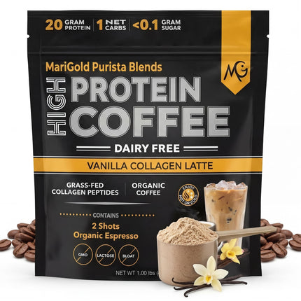 MariGold High Protein Collagen Coffee - Vanilla Collagen Latte, Dairy Free, 20g Grass-Fed Type I & III Collagen Peptides, Energy Boost, 2 Shots Organic Espresso, Non-GMO, 1 Lb Bag, 15 Servings
