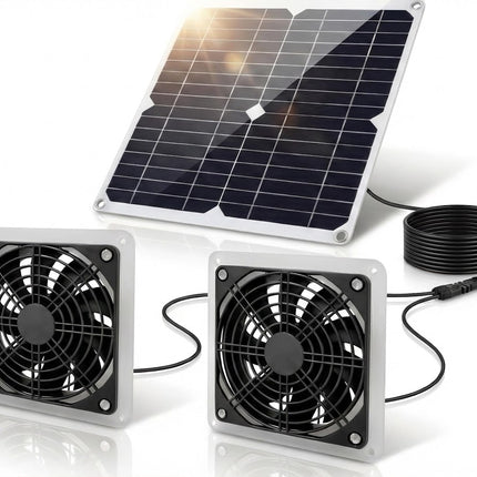 25W Solar Powered Fan for Chicken Coop, Greenhouse, Shed, Upgraded 16.4ft Long Cable Dual Exhaust Fan Kit, IP67 Waterproof Outdoor Solar Fan for Dog House RV Attic Ventilation