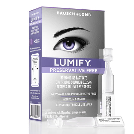 LUMIFY Preservative Free Eye Drops for Red Eyes, Redness Reliever for Sensitive Eye, Brighter and Whiter Looking Eyes, Works in 1 Minute & Lasts Up to 8 Hours, 20 Single-Use Vials
