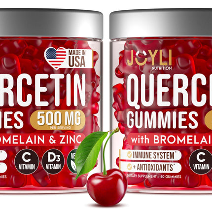 2 Pack - JOYLI Quercetin Gummies with Bromelain, Zinc, Vitamin C & D3 – Sugar-Free Quercetin Supplement for Immune Support & Seasonal Wellness – 500mg Quercetin for Kids & Adults – 60 Gummies per Pack