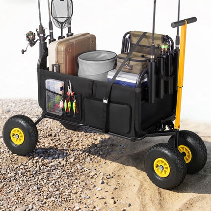 VEVOR Beach Fishing Cart, 300 lbs Load Capacity, Foldable Fishing Cart with Heavy-Duty Carbon Steel Frame, 11-Inch All-Terrain Tires, 8 Rod Holders, Strap, Easy to Clean, for Outdoor Camping Picnic