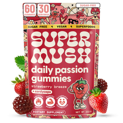 SuperMush Daily Passion Horny Goat Weed Gummies for Men & Women - Intimacy Gummies with Cordyceps, Reishi & Maca Root - Ignite Feel-Good Vibes & Lasting Energy Supplement, Made in the USA (60 Count)