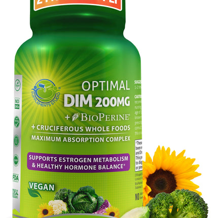 Optimal DIM 200mg Supplement for Women and Men - Made with Organic Whole Foods - Estrogen & Hormone Balance Support Diindolylmethane Complex - Maximum Absorption Delayed-Release Capsules - 60 Count