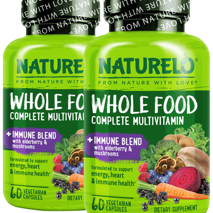 NATURELO Whole Food Multivitamin + Immune Blend with Elderberry & Mushrooms - Complete Multivitamin with Extra Immune Support - C, D3, Zinc, Elderberry, Reishi, Shitake, 60 Vegan Capsules (Pack of 2)