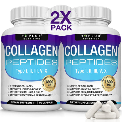 Toplux Multi Collagen Peptides Pills 1800 Mg Complex - Type I, II, III, V, X Premium Collagen Complex for Better Skin & Hair, Strong Joint, Hydrolyzed Protein, for Men Women, 90 Capsules, Supplement