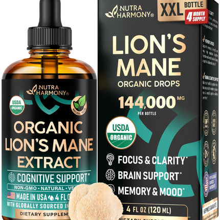 Lions Mane Liquid - USDA Certified Organic Lions Mane Supplement - Brain Support, Energy, Memory & Focus - Sugar & Alcohol-Free Lion's Mane Mushroom Extract 144,000 mg / Bottle, 4fl oz, 4 Month Supply