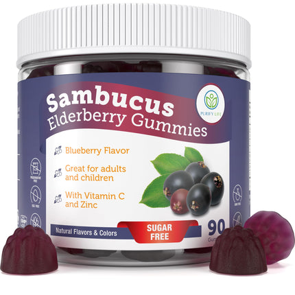 Sugar-Free Elderberry Gummies with Vitamin C & Zinc for Adults and Kids, Immune Support Supplement for Respiratory Health, Sambucus Elderberry Antioxidant Gummies - Vegan, 90 Count
