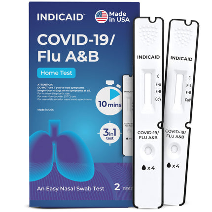 INDICAID COVID-19/Flu A&B 3-in-1 Antigen Test, FDA Authorized Covid Flu Home Test Combo Kit, Fast Results in 10 Minutes, Made in USA, 2 Tests with Soft Nasal Swab, - Easy to Use & Non-Discomfort - FSA/HSA Eligible